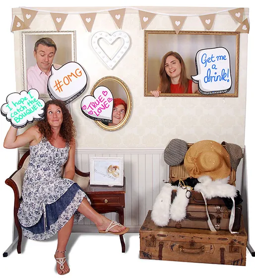 Vintage photo wall used with speech bubble props