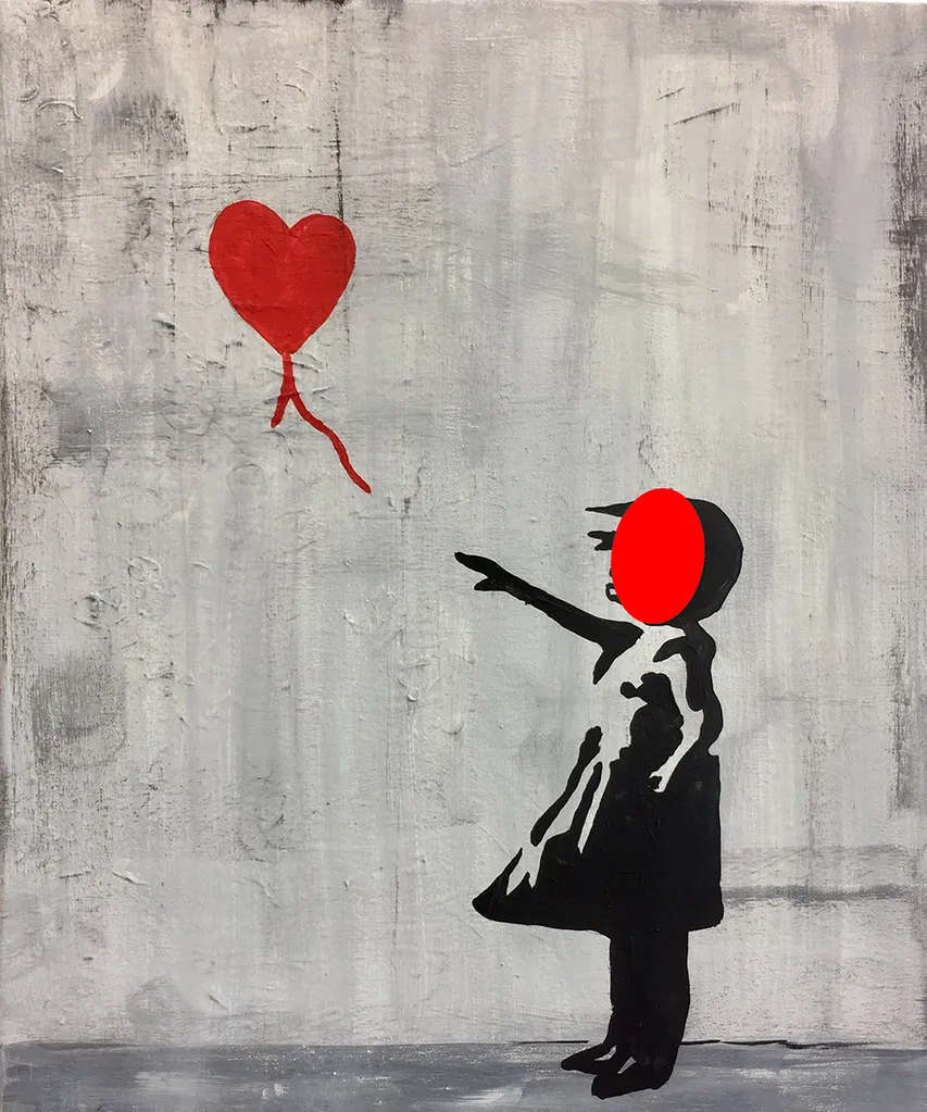 Girl with Balloon street art face in the hole board