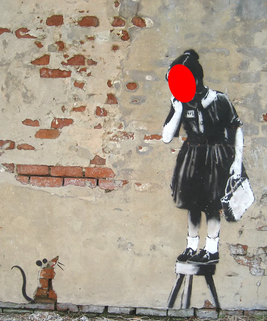 Rat Girl street art face in the hole board