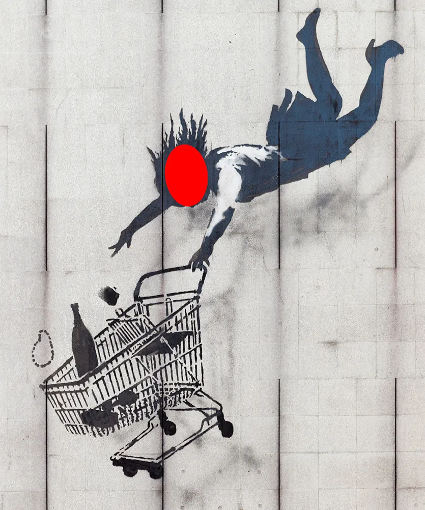 Shop Til You Drop street art face in the hole board